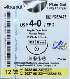 Catgut Simple 4-0 Aguja Ahusada Regular de 26 mm Hebra 75 cms Marca Atramat R2624-75 Linea Convencional Caja con 12 Piezas