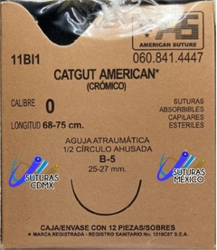 Catgut Cromico 0 Aguja Ahusada de 25-27 mm Hebra 68-75 cm Marca American Suture Caja con 12 Piezas Caducidad Ene-27