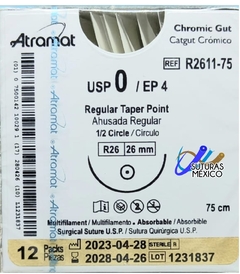Catgut Cromico 0 Aguja Ahusada de 26 mm Hebra 75 cms Marca Atramat R2611-75 Linea Convencional Caja con 12 Piezas - comprar en línea