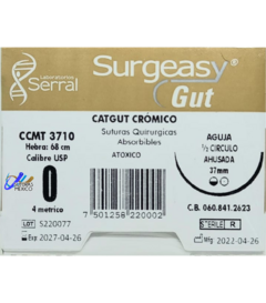 Catgut Cromico 0 Aguja Ahusada 37 mm Hebra 68 cms Marca Surgeasy Caja con 12 Piezas