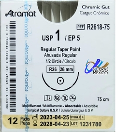 Catgut Cromico 1 Aguja Ahusada Regular de 26 mm Hebra 75 cms Marca Atramat R2618-75 Linea Convencional Caja con 12 Piezas