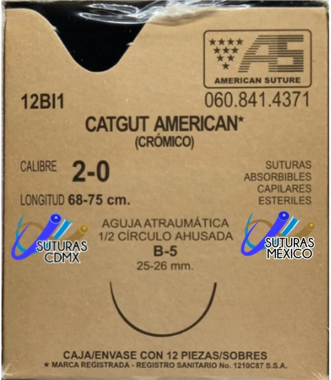 Catgut Cromico 2-0 Aguja Ahusada de 25-26 mm Hebra 68-75 cms Marca American Suture 12BI1 Caja con 12 Piezas Caducidad May-28