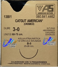 Catgut Cromico 3-0 Aguja Ahusada de 25-26 mm Hebra 68-75 cms Marca American Suture 13BI1 Caja con 12 Piezas Caducidad Ene-28