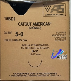 Catgut Crómico 5-0 Aguja Ahusada de 15-17 mm Hebra 68-75 cm Marca American Suture 15BD1 Caja con 12 Piezas Caducidad Mar-26