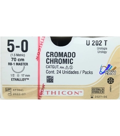 Catgut Cromico 5-0 Aguja RB-1 MASTER 1/2 de 17 mm Hebra 45 cms Marca Ethicon U202T Caja con 24 Piezas