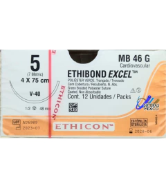 Ethibond Excel 5 Aguja de 1/2 de 48 mm V-40 Hebra 4x75 cms Marca Ethicon J&J Caja con 12 Piezas