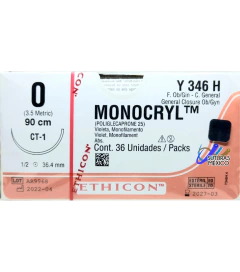 Monocryl 0 Aguja Ahusada CT-1 de 1/2 de 36.4 mm Hebra 90 cms Violeta Marca Ethicon Caja con 36 Piezas Y346H