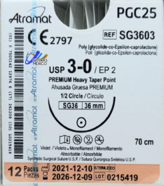 PGC25 3-0 (Monocryl) Aguja Ahusada de 36 mm Hebra 70 CM Violeta Linea Premium Atramat SG3603 Caja con 12 piezas