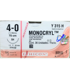 Monocryl 4-0 Aguja SH 1/2 de 26 mm Hebra 70 cms Violleta Marca Ethicon Caja con 36 Piezas Y315H
