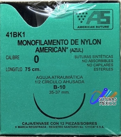 Nylon 0 Aguja 35-37 mm Ahusada Hebra 75 cm Color Azul Marca American Suture 41BK1 Caja con 12 Piezas Caducidad Jun-27