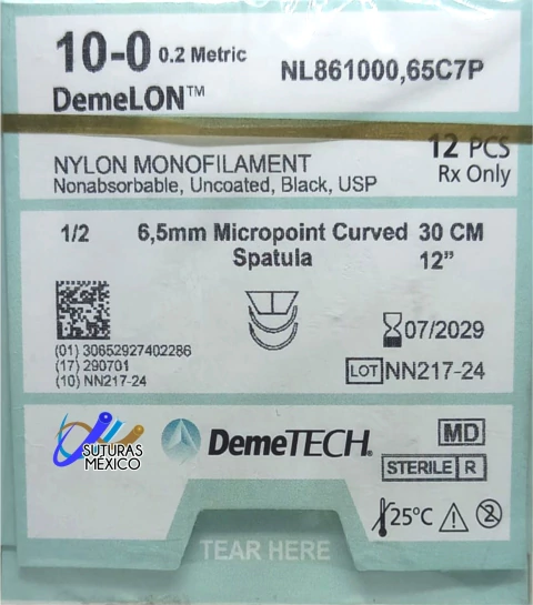 Nylon 10-0 Aguja espatulada 1/2 de 6.5 mm Doble Armada Hebra 30 cms Marca DEMETECH NL861000,65C7P Caja con 12 Piezas - comprar en línea