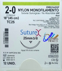 Nylon Calibre 2-0 aguja 3/8 circulo cortante de 25 mm Hebra longitud 45 cm Color Azul Marca Suturex Caja con 12 pzas - comprar en línea