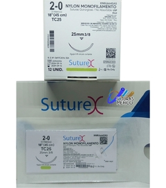 Nylon Calibre 2-0 aguja 3/8 circulo cortante de 25 mm Hebra longitud 45 cm Color Azul Marca Suturex Caja con 12 pzas en internet