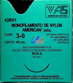 Nylon 3-0 Aguja de 24 mm Cortante Hebra 45 cm Azul Marca American Suture 43RH1 Caja con 12 Piezas Caducidad Mar-28