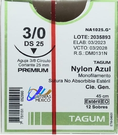 Nylon 3-0 Aguja Cortante de 25 mm Hebra 45 cm Marca Tagum Caja con 12 Piezas PREMIUM