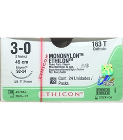 Mononylon Ethilon 3-0 Aguja CS-24 3/8 de 24 mm con Hebra de 45 cm 163T Marca Ethicon Caja con 24 Piezas - comprar en línea