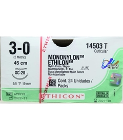 Mononylon Ethilon 3-0 Aguja SC-20 de 19 mm con Hebra de 45 cm Marca Ethicon 14503T Caja con 24 Piezas