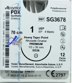 PDX 1 (Polidioxanona) Aguja Ahusada 1/2 de 36 mm Hebra 70 CM Violeta Atramat SG3678 Caja con 12 Piezas Linea Premium