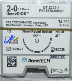 Demediox 2-0 (Polidioxanona) Aguja Ahusada Gruesa Precisión Premium de 36 mm Hebra 70 cms Marca Demetech Caja con 12 Piezas