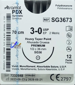 PDX 3-0 (Polidioxanona) Aguja Ahusada 1/2 de 36 mm Hebra 70 CM Violeta Atramat SG3673 Caja con 12 Piezas Linea Premium
