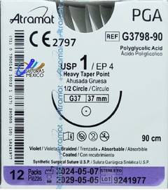 Acido Poliglicolico PGA 1 Aguja ahusada Gruesa de 37 mm Hebra 90 cm Violeta Atramat G3798-90 Linea Convencional