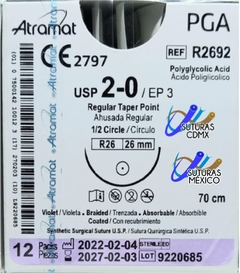 Acido Poliglicolico PGA 2-0 Aguja ahusada de 26 mm Hebra 70 cm Violeta Linea Convencional