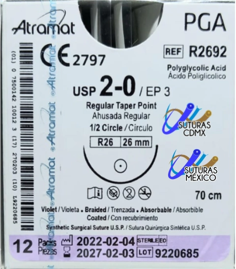 Acido Poliglicolico PGA 2-0 Aguja ahusada de 26 mm Hebra 70 cm Violeta Linea Convencional