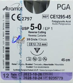 Acido Poliglicolico PGA 5-0 Aguja Cortante de 12 mm Hebra 45 cm Violeta Atramat CE1295-45 Linea Convencional - comprar en línea