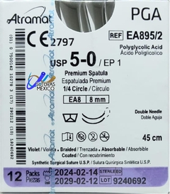 Acido Poliglicolico PGA 5-0 Aguja Espatulada Doble Armada 1/4 circulo de 8 mm Hebra 45 cm Violeta Atramat EA895/2 Linea Premium