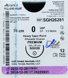 PGLA90 PLUS 0 Aguja 5/8 Ahusada Gruesa de 26 mm Hebra 70 cm Violeta Linea Premium Plus SGH26281 Caducidad Diciembre 2024