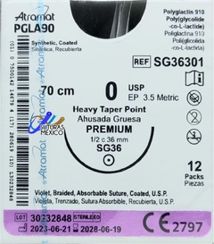 PGLA90 0 (Vicryl) Aguja Ahusada de 36 mm Hebra 70 cm Violeta Atramat SG36301 Linea Premium Caja con 12 piezas