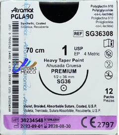 PGLA90 1 (Vicryl) Aguja de 36 mm ahusada Hebra 70 cm Violeta Atramat SG36308 Lìnea Premium Caja con 12 piezas