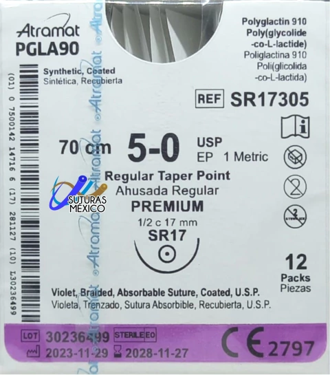 PGLA90 5-0 (Vicryl) Aguja Ahusada de 17 mm Hebra 70 cm Violeta Atramat SR17305 Linea Premium Caja con 12 piezas - comprar en línea