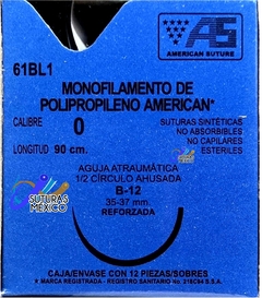 Polipropileno 0 Aguja Ahusada Reforzada de 35-37 mm Hebra 90 cm Marca American Suture 61BL1 Caja con 12 Piezas Caducidad Ago-26