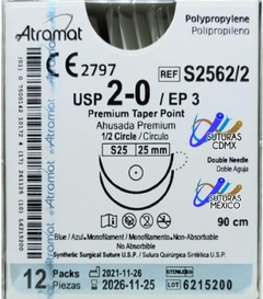 Polipropileno 2-0 Aguja Ahusada de 25 mm Doble Aguja Hebra 90 cms Marca Atramat S2562/2 Linea Premium Caja con 12 Piezas