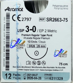 Polipropileno 3-0 Aguja Ahusada Premuim de 26 mm Hebra 75 cms Marca Atramat SR2663-75 Linea Premium Caja con 12 Piezas
