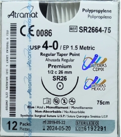 Polipropileno 4-0 Aguja Ahusada Premuim de 26 mm Hebra 75 cms Marca Atramat SR2664-75 Linea Premium Caja con 12 Piezas Caducidad may 2024