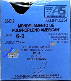 Polipropileno 6-0 Aguja Ahusada Doble Armado de 12-13 mm Hebra 75 cm Marca American Suture 66CI2 Caja con 12 Piezas Caducidad Sep-28
