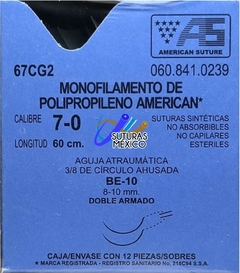 Polipropileno 7-0 Aguja Ahusada Doble Armada de 8-10 mm Hebra 60 cm Marca American Suture 67CG2 Caja con 12 Piezas Caducidad Ago-27