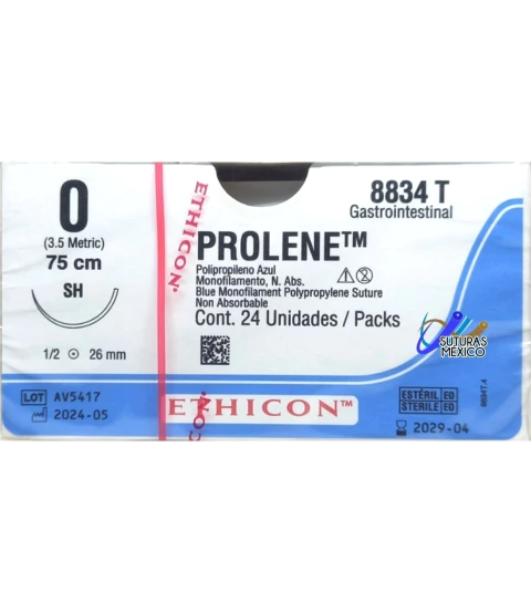 Prolene 0 Aguja Ahusada SH 1/2 de 26 mm Gastrointestinal Hebra 75 cms 8834T Marca Ethicon J&J Caja con 24 Piezas - comprar en línea