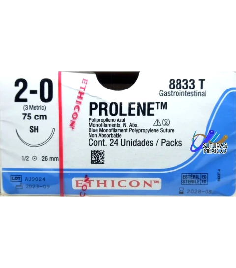 Prolene 2-0 Aguja Ahusada SH 1/2 de 26 mm Gastrointestinal Hebra 75 cms 8833T Marca Ethicon J&J Caja con 24 Piezas - comprar en línea