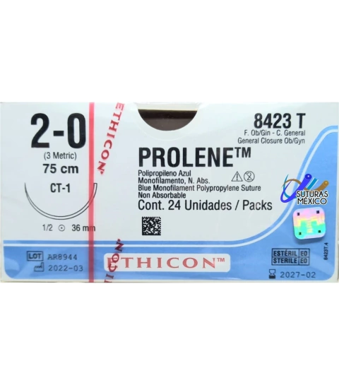 Prolene 2-0 Aguja Ahusada CT-1 1/2 de 36 mm C.General Hebra 75 cms Marca Ethicon J&J 8423T Caja con 24 Piezas