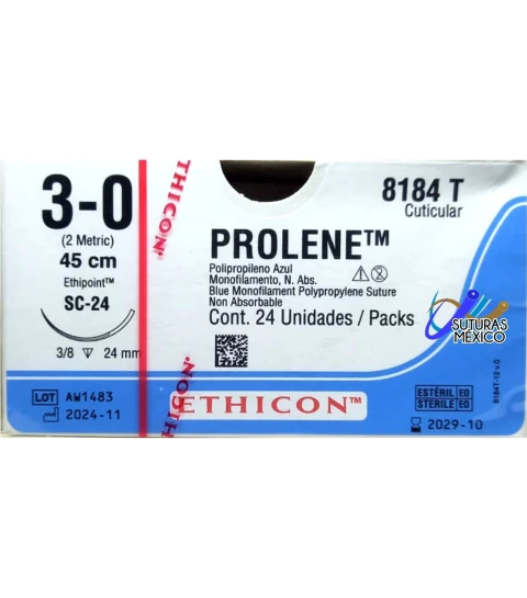 Prolene 3-0 Aguja Reverso Cortante SC-24 3/8 de 24 mm Cuticular Hebra 45 cms Marca Ethicon J&J 8184T Caja con 24 Piezas - comprar en línea