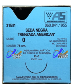 Seda 0 Aguja Ahusada de 26 mm Hebra 75 cm Marca American Suture 31BI1 Caja con 12 Piezas Caducidad Ago-27
