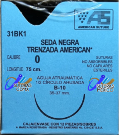 Seda 0 Aguja Ahusada de 36 mm Hebra 75 cm Marca American Suture 31BK1 Caja con 12 Piezas Caducidad Jun-27