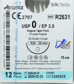Seda Silk 0 Aguja Ahusada de 26 mm Hebra 75 Marca Atramat R2631 Linea Convencional Caja con 12 Piezas CADUCIDAD CORTA FEB-25