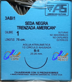 Seda 1 Aguja Ahusada de 26 mm Hebra 75 cm Marca American Suture Caja con 12 Piezas Caducidad Feb-28
