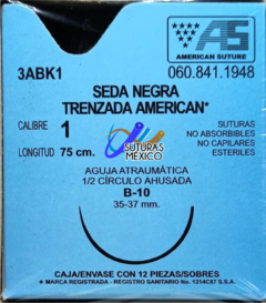 Seda 1 Aguja Ahusada de 35-37 mm Hebra 75 cm Marca American Suture 3ABK1 Caja con 12 Piezas Caducidad Ago-27