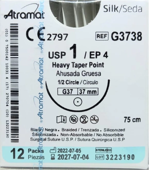 Seda Silk 1 Aguja Ahusada Gruesa de 37 mm Hebra 75 Marca Atramat G3738 Linea Convencional Caja con 12 piezas