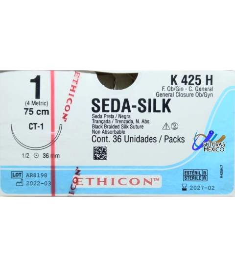 Seda Silk 1 con Aguja ahusada CT-1 de 36 mm Hebra 75 cms Marca Ethicon K425H Caja con 36 Piezas